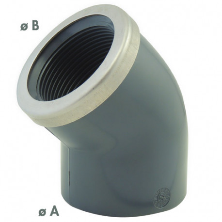 Coude PVC à 45° mixte femelle 1/2" femelle Ø20 à coller renforcé inox